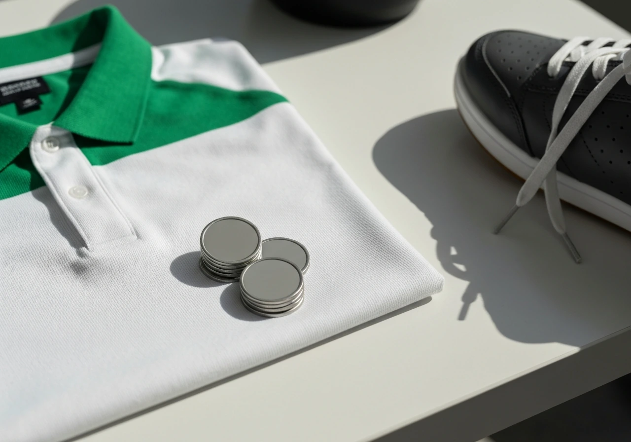 Closeup collage of athletic clothing, a sneaker, and blank metallic badges symbolizing sports endorsements