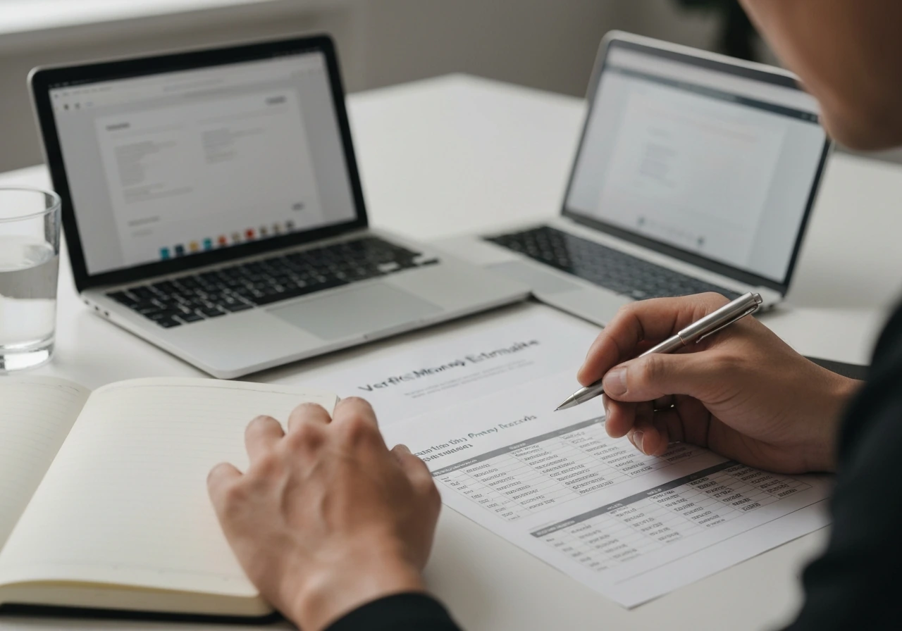 Open laptop beside a notebook with printed records, pens, and a smartphone in a quiet office