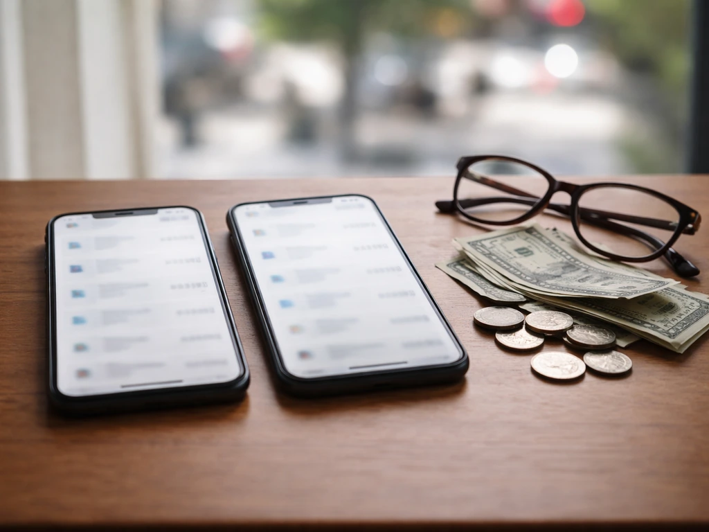 Minimal desk scene with two blurred phone screens and scattered money, suggesting conflicting net-worth estimates.
