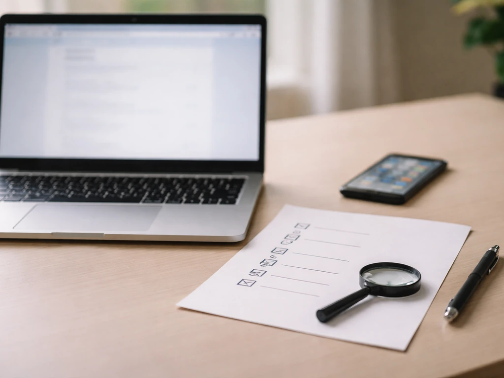 Laptop and printed checklist with magnifying glass prop, showing verification steps for checking claims.