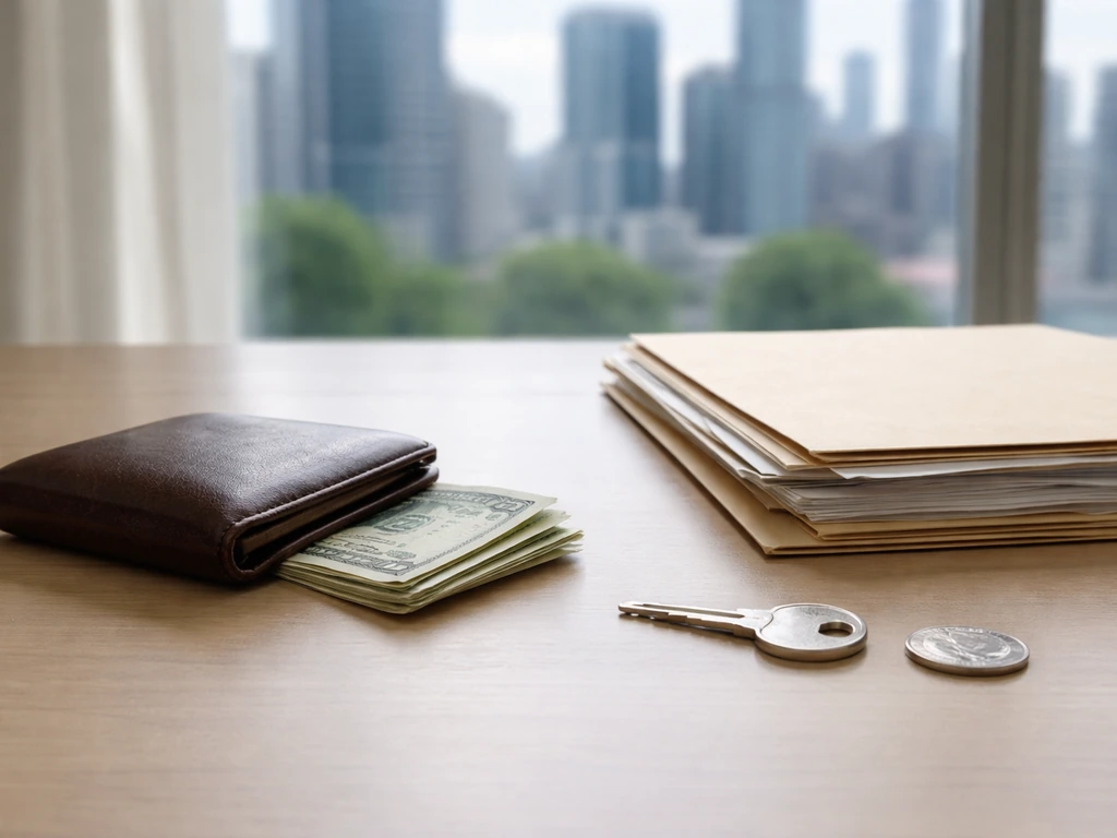 Minimal office desk with scattered money, a wallet, and a closed folder symbolizing assets minus liabilities