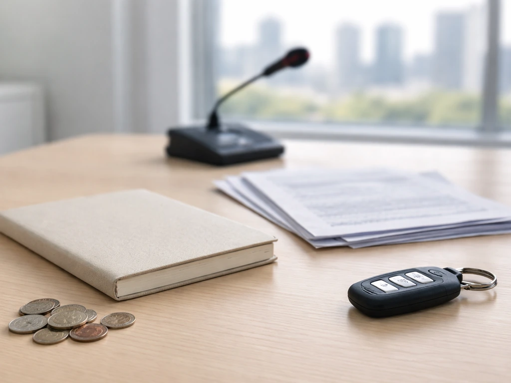Minimal office desk with coins, official-looking papers, and a key, symbolizing unclear income sources.
