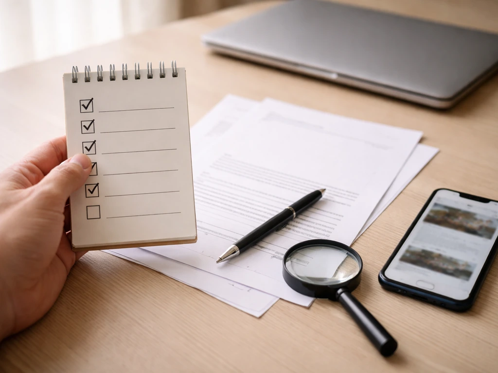 Hand reviewing blank financial documents with a notepad and magnifying glass on a minimal desk