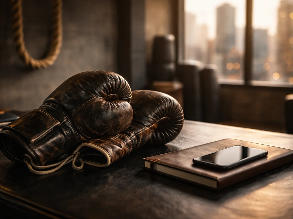 Boxing-themed luxury desk scene with gloves and city skyline—symbolic wealth and media analysis context.