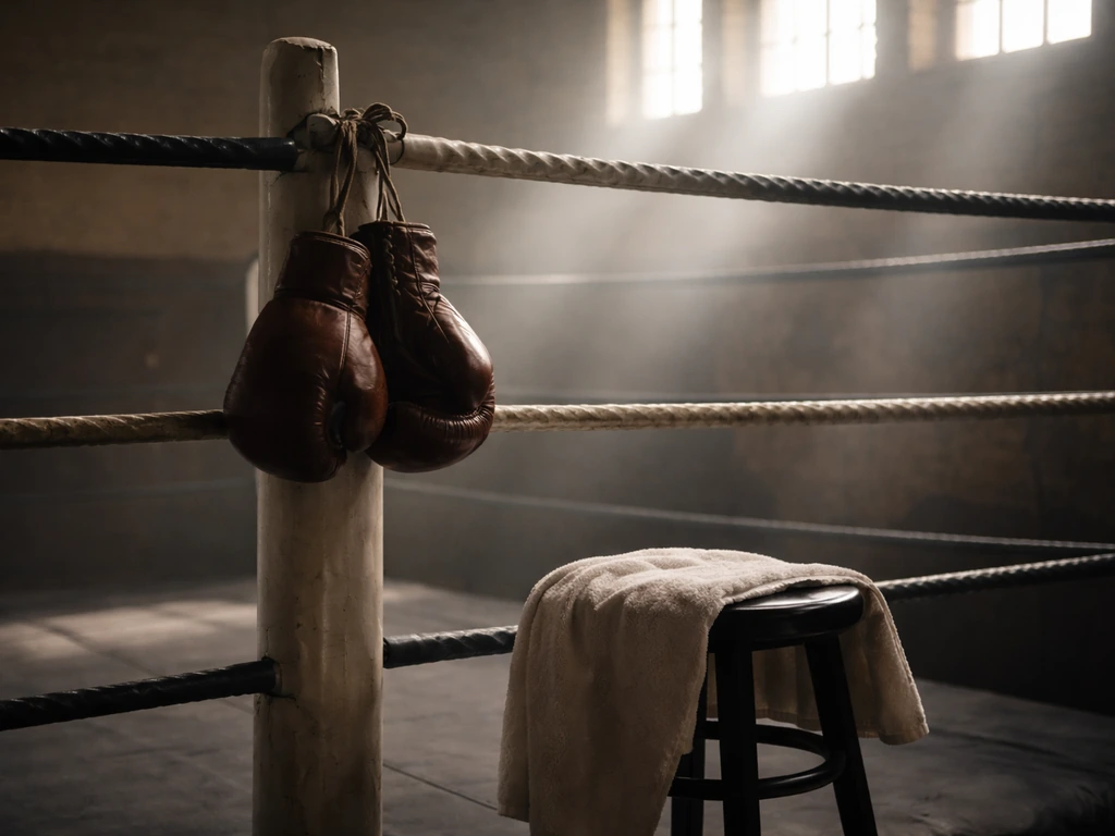 Boxing gym corner with hanging gloves and a towel, implying the boxer Sergey Kovalev context.