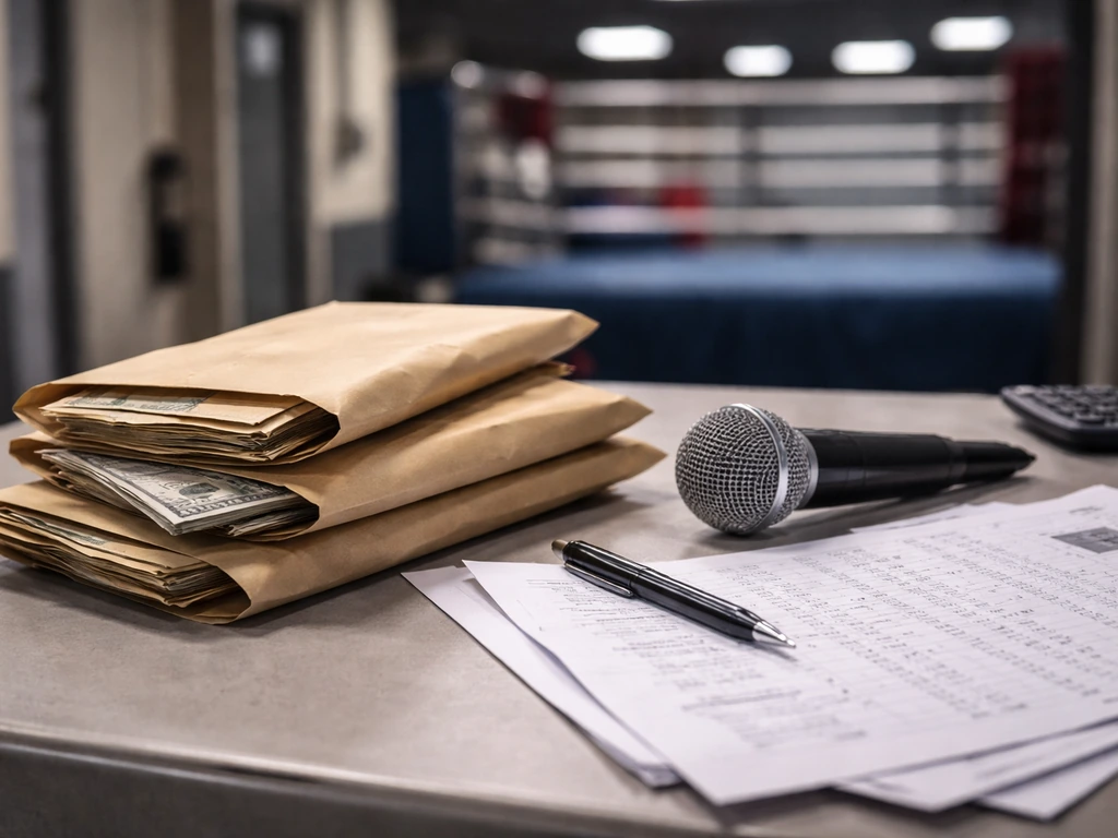 Anonymous desk scene with envelopes of cash receipts and a microphone, suggesting fight purse analysis.