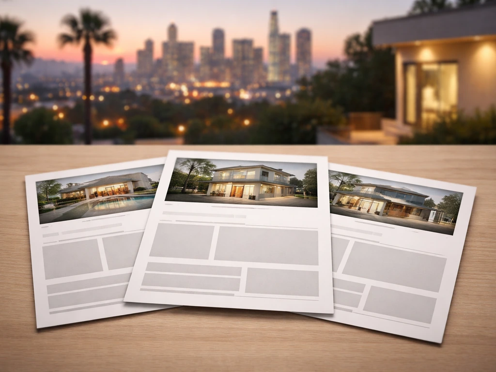 Minimal mock real-estate listing cards over a soft LA skyline backdrop, symbolizing property history.