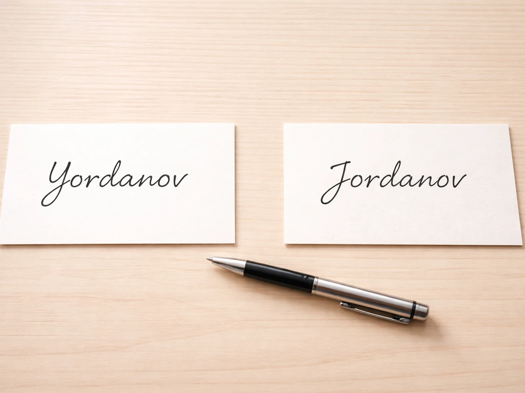 Close-up of two blank index cards with two handwritten surname spellings separated by a subtle gap.