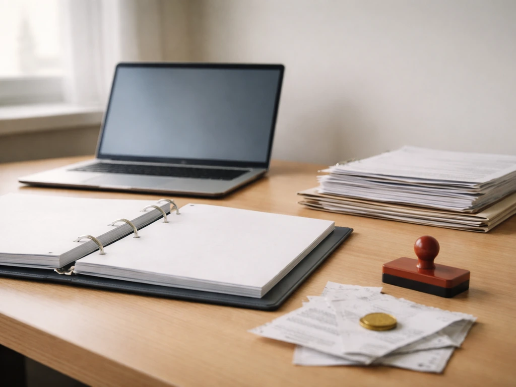 Minimal office desk with documents, gold coin, and stamp symbolizing layered net worth estimation inputs.