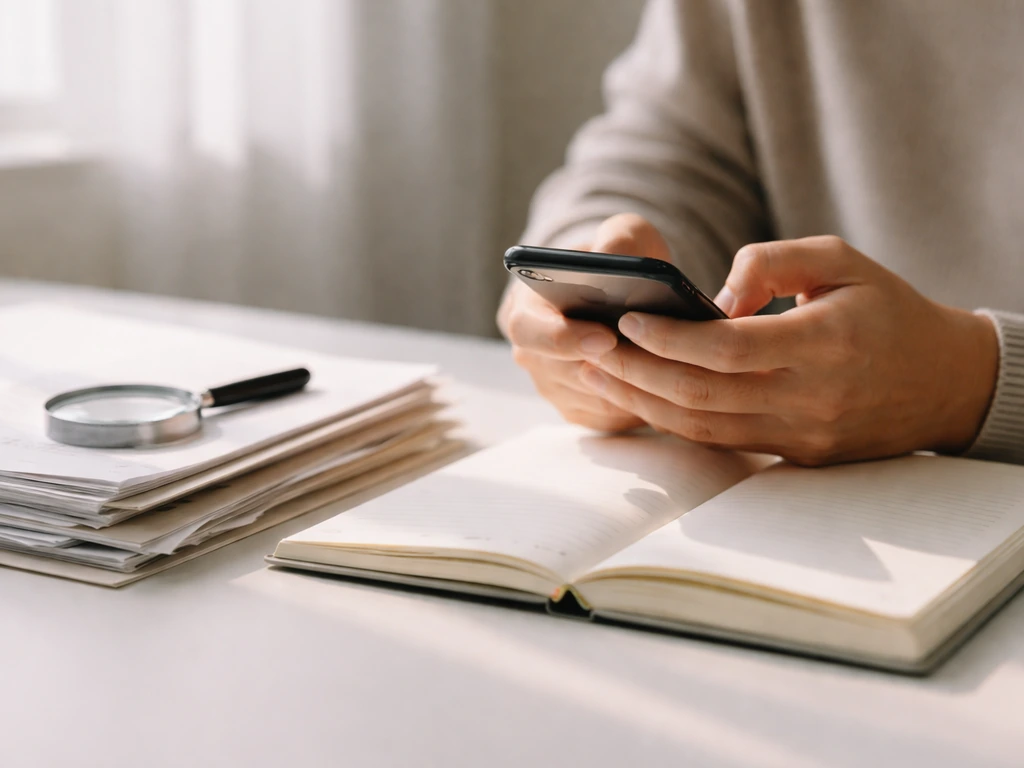 Hands using a phone and magnifying glass over documents on a simple desk for fact-checking.