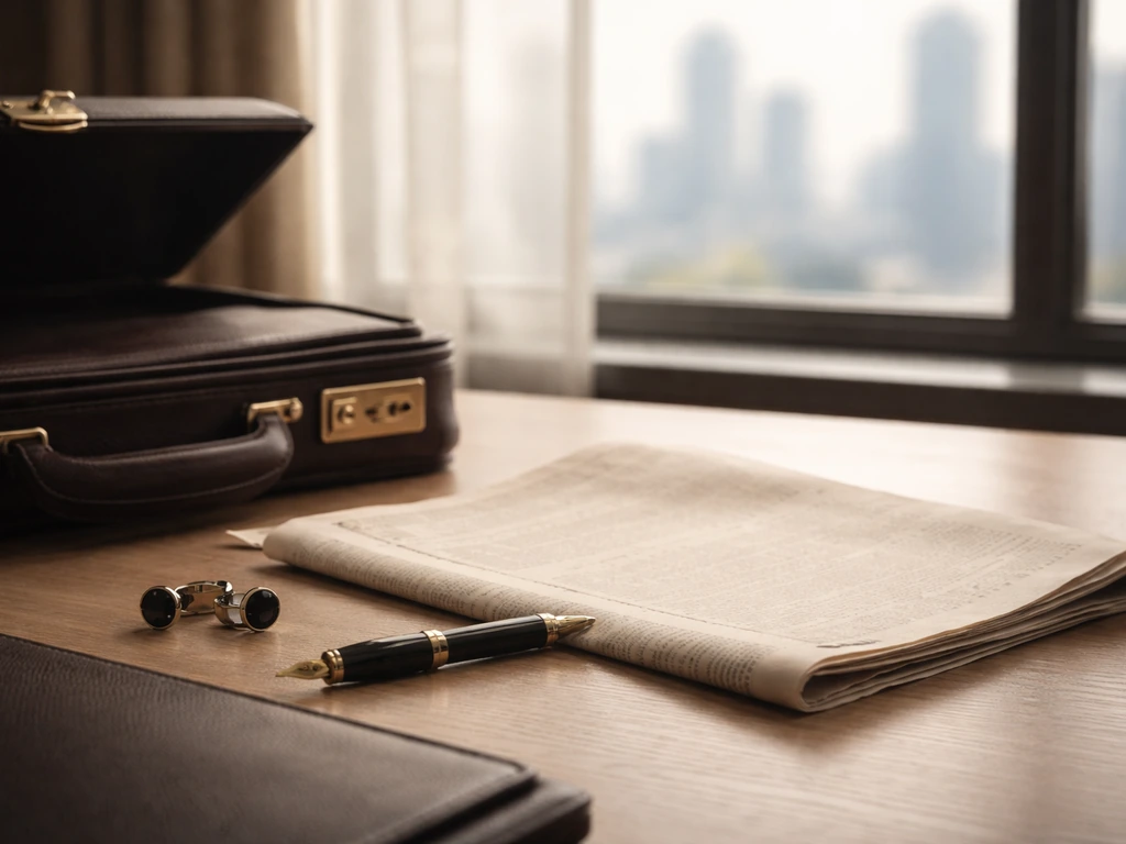 Minimal luxury office desk with money-adjacent items and blurred city view, symbolizing verifying financial identity.