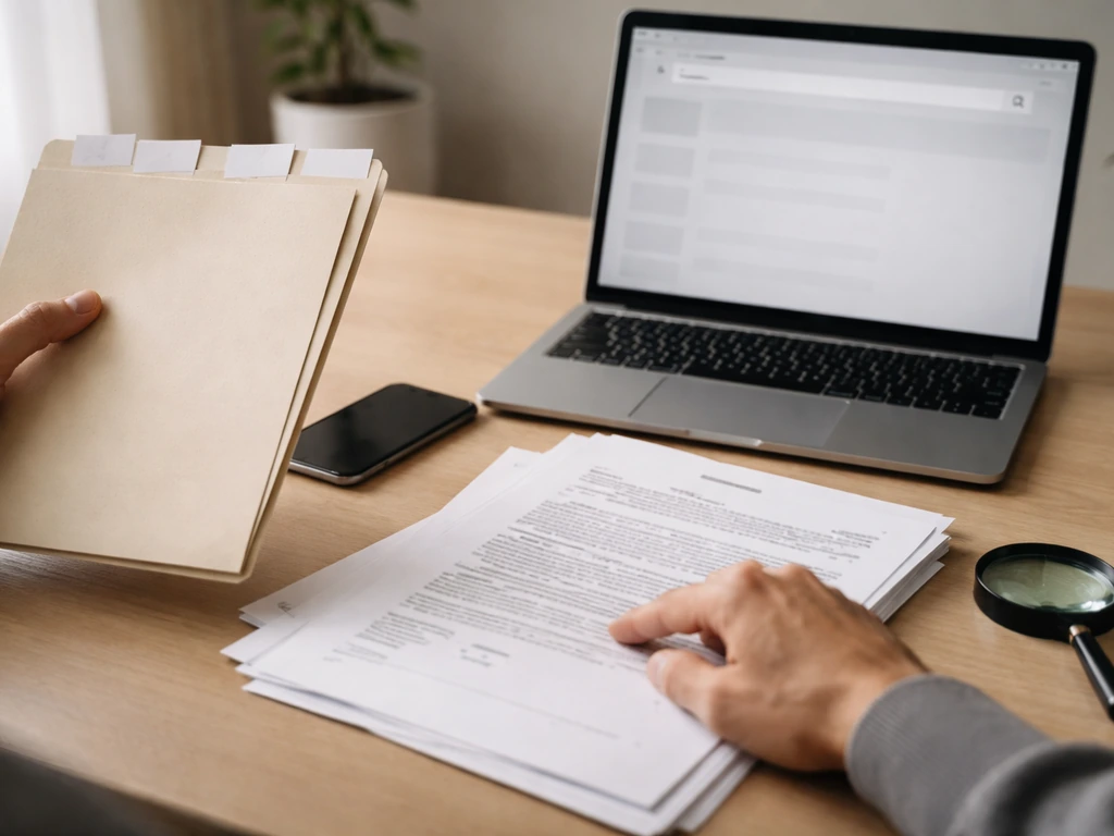 Hands reviewing printed legal documents beside a laptop search mockup and magnifying glass.