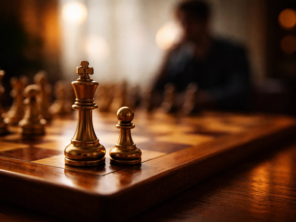 Chess match setting with dramatic king pieces and a blurred grandmaster silhouette in the background