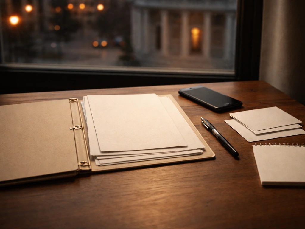 Minimal studio desk with blank documents and prize/exhibition cards, symbolizing public anchors for net worth estimates.