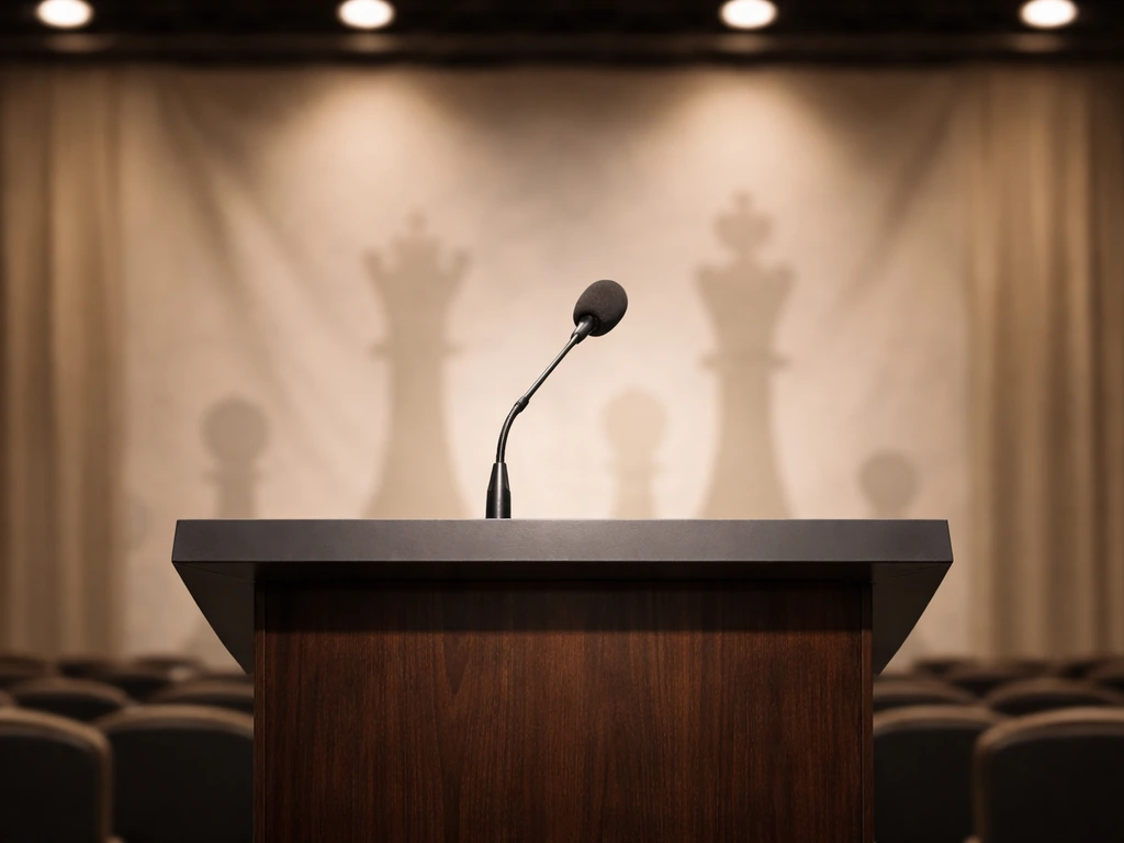 Empty podium with a microphone and chess-themed backdrop in a formal conference hall