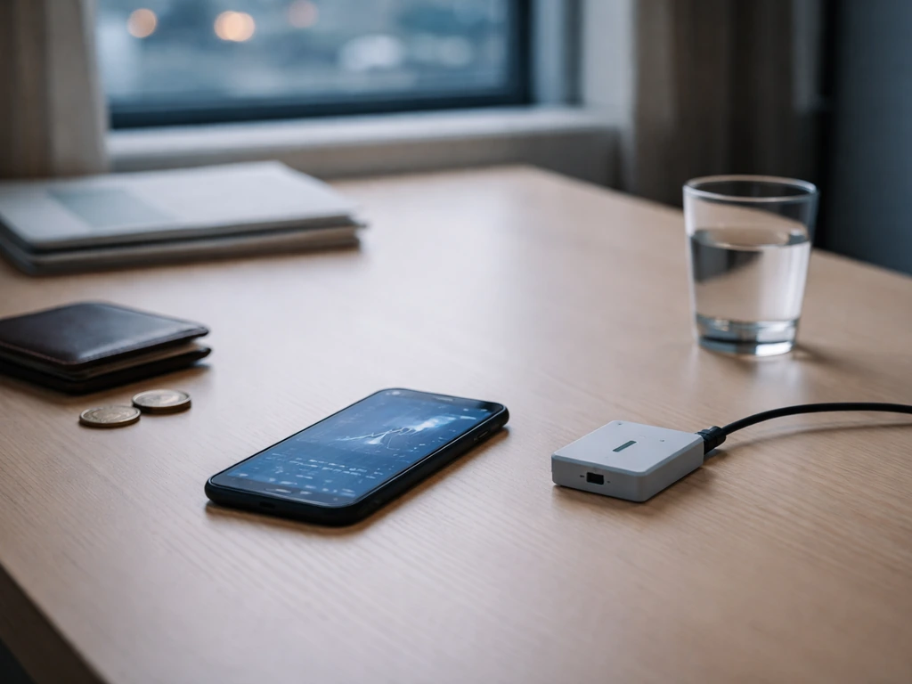 Neutral office desk with a smartphone showing a blurred crypto price-style glow and a cable-linked device, wealth-verifi