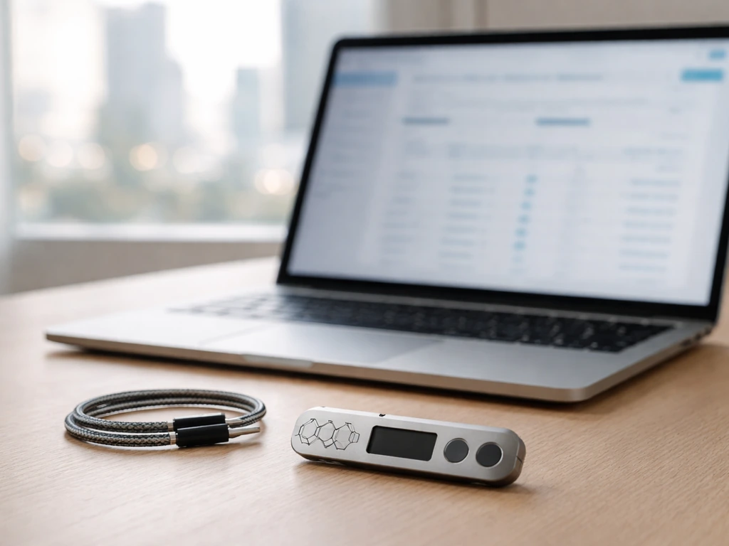 Minimal crypto desk scene with hardware wallet and blurred laptop interface hinting Chainlink context.