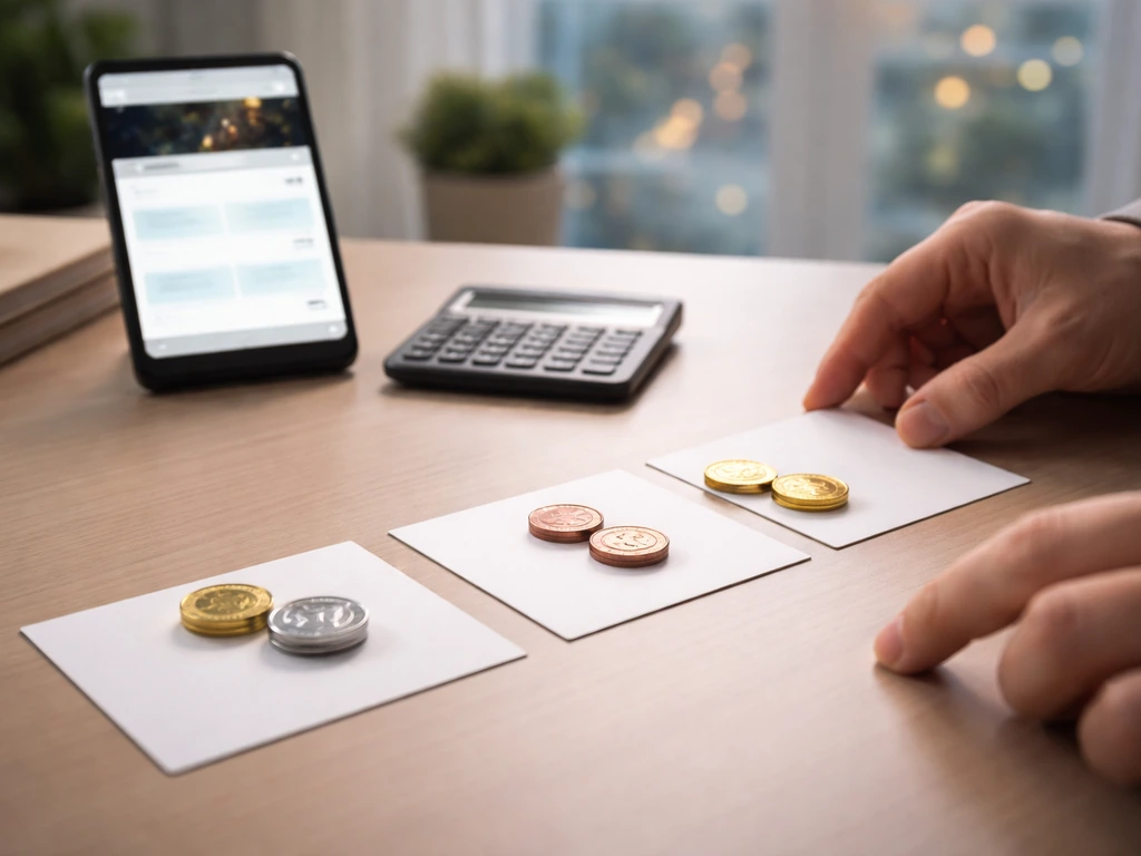 Hands on a desk placing blank cards, calculator, and crypto tokens beside a phone in natural light.