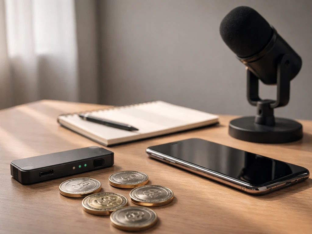Close-up of crypto-themed objects: LINK-like tokens, a hardware wallet, and a microphone with a notepad
