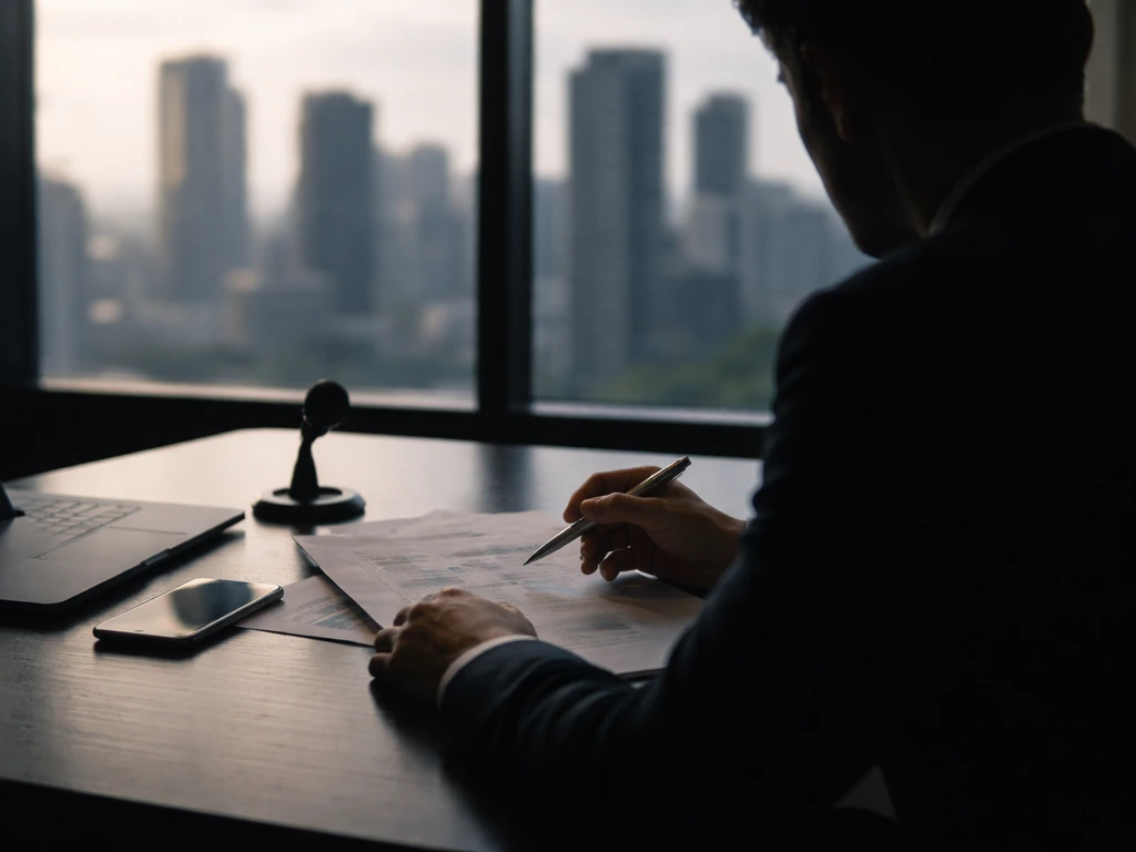 Anonymous financier at a desk with documents and a city skyline backdrop, suggesting wealth and media scrutiny