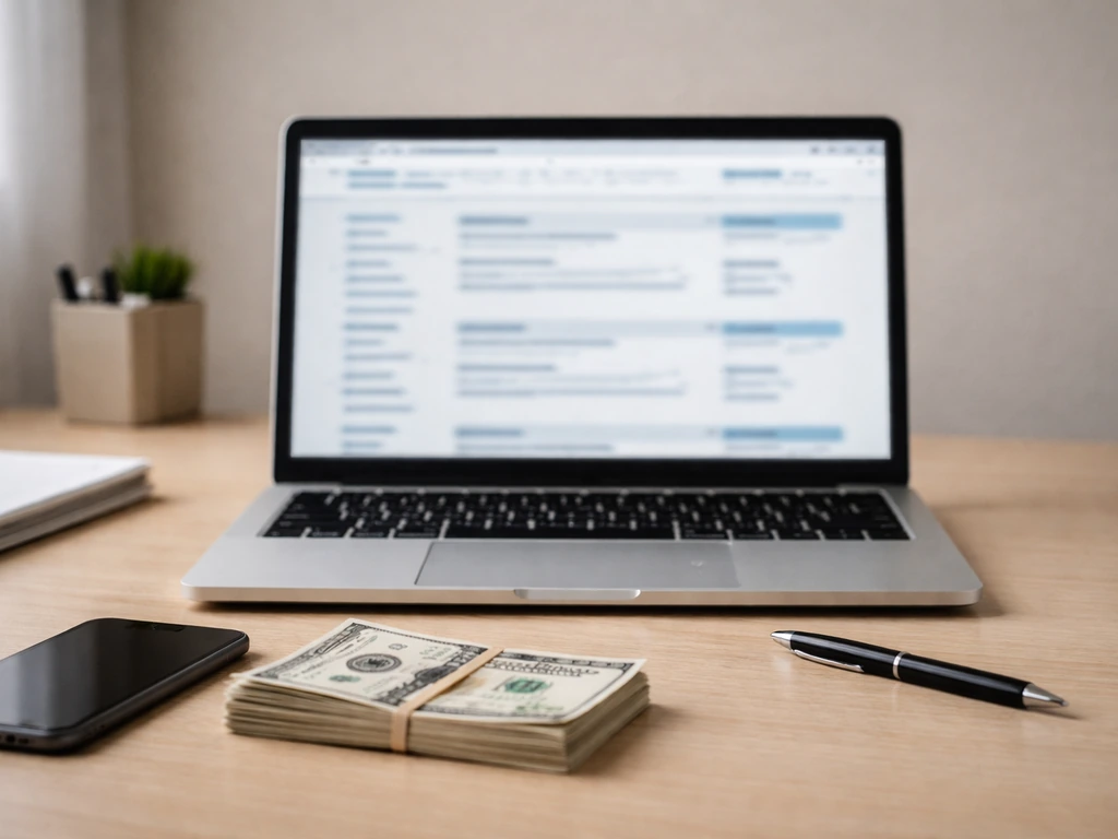 Lone laptop showing blurred public-record web pages, with a phone and cash on a desk—research theme.