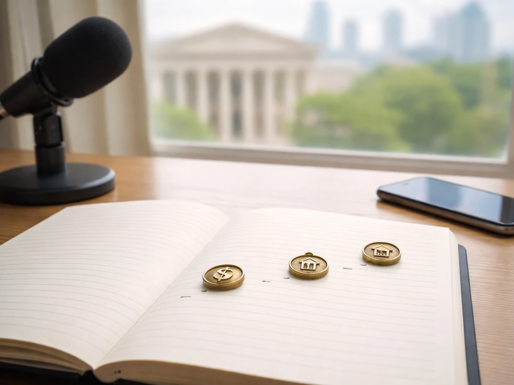 Minimal desk scene with notebook, small time tokens, and a blurred courthouse view through a window.