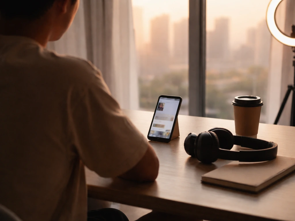 Anonymous creator at a desk in the UAE with a phone and blurred social profile, golden-hour city view.