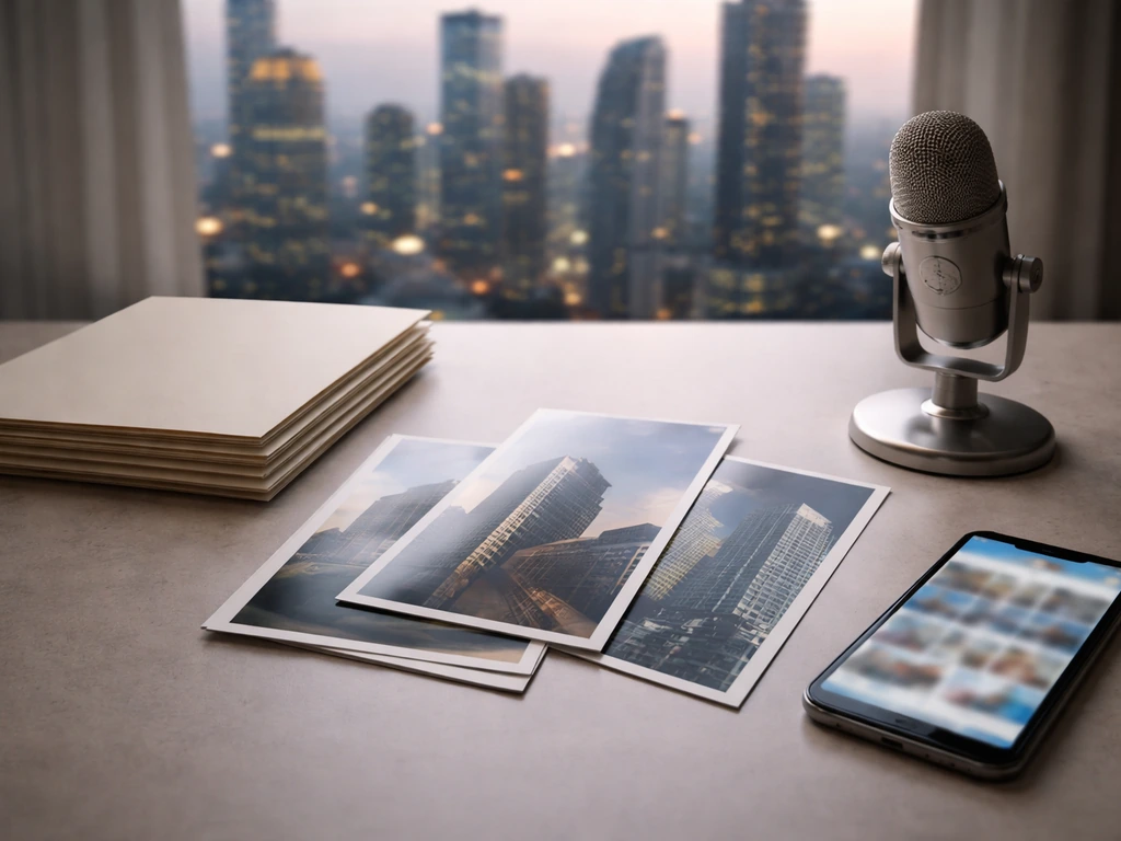 Minimal desk scene with anonymous business documents and a city skyline hinting at net-worth triangulation.