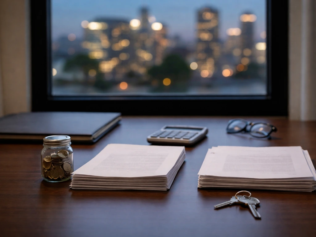 Minimal photo of a desk with scattered documents, a calculator, and a blurred city skyline hinting at valuation differen