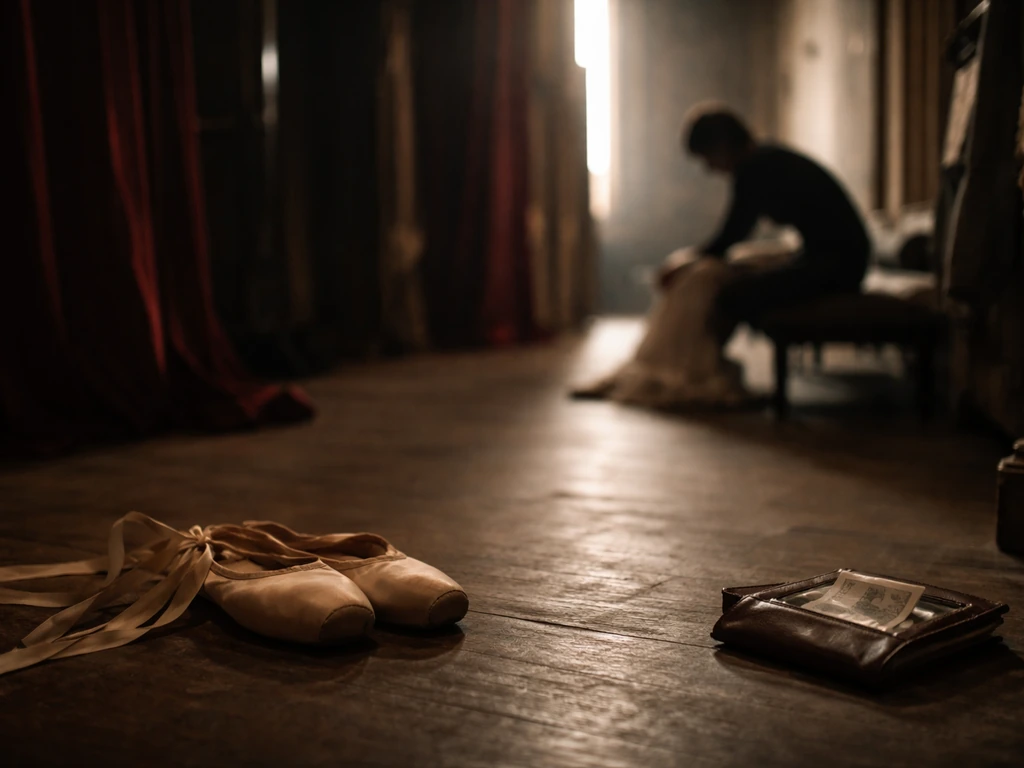 Backstage theater corridor with ballet shoes and a wallet, plus an anonymous silhouette adjusting gear.