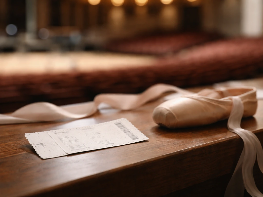 Open ticket and pointe shoe on a bench with a subtle ribbon suggesting touring routes