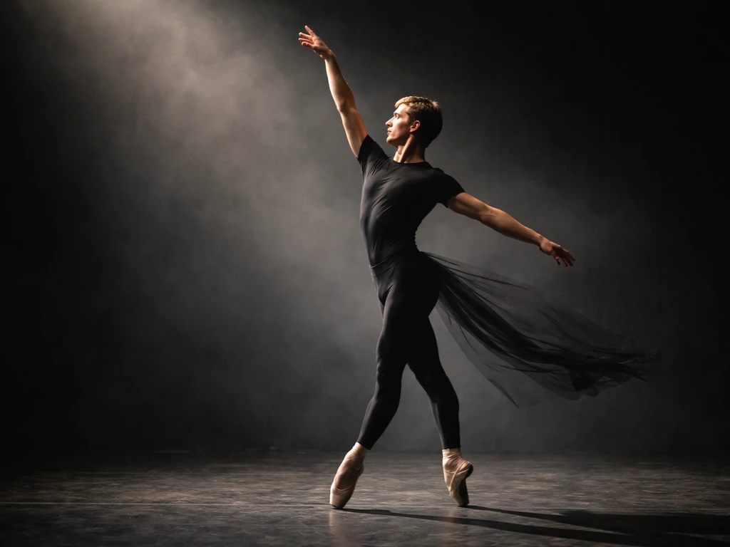 Male ballet dancer performing on a dim stage with dramatic lighting, evoking a viral music video moment
