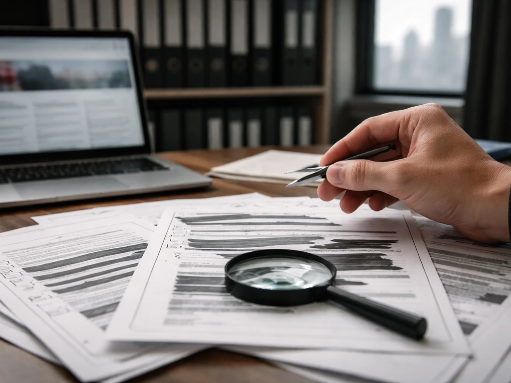 Anonymous desk with redacted documents, magnifying glass, and blurred laptop suggesting offshore leak verification.