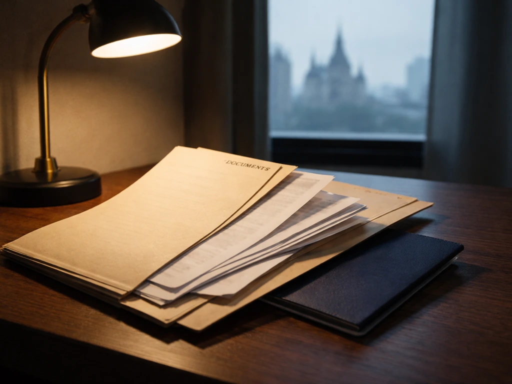 Moody desk scene with blurred offshore documents and an anonymous passport-style folder under desk lamp
