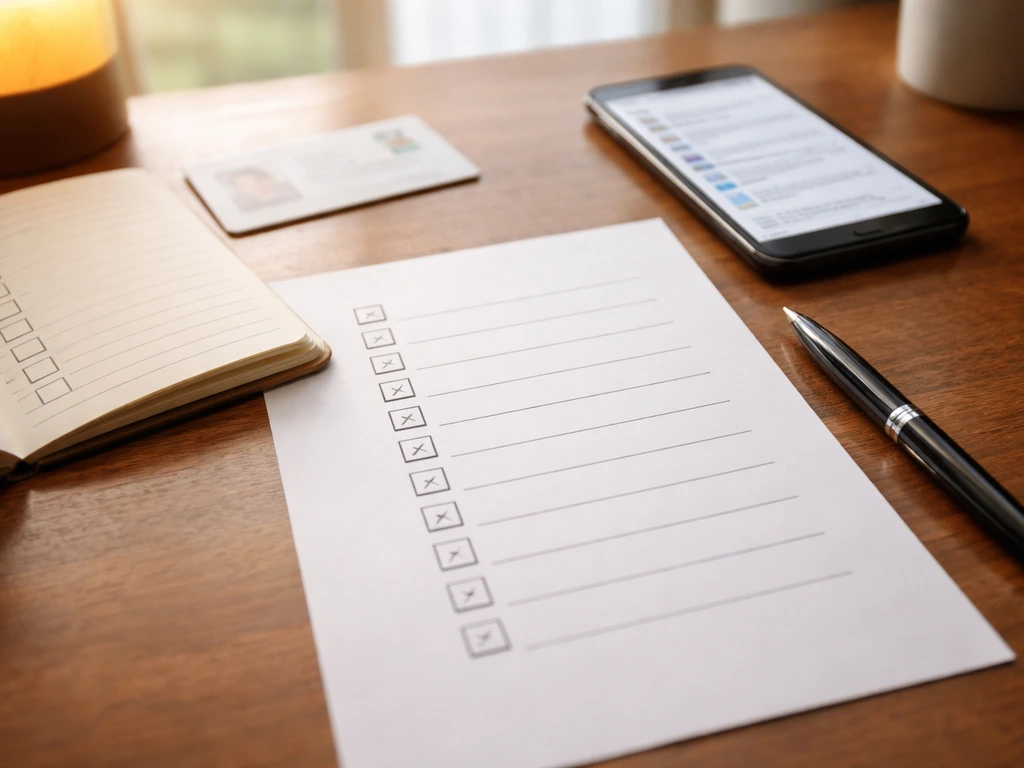 Close-up of a minimal due-diligence checklist with pen and a phone, blurred content for verification steps.