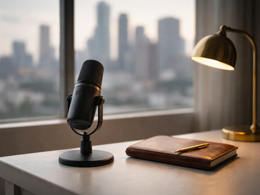 Close-up of a studio microphone and a polished desk with soft city lights beyond a window
