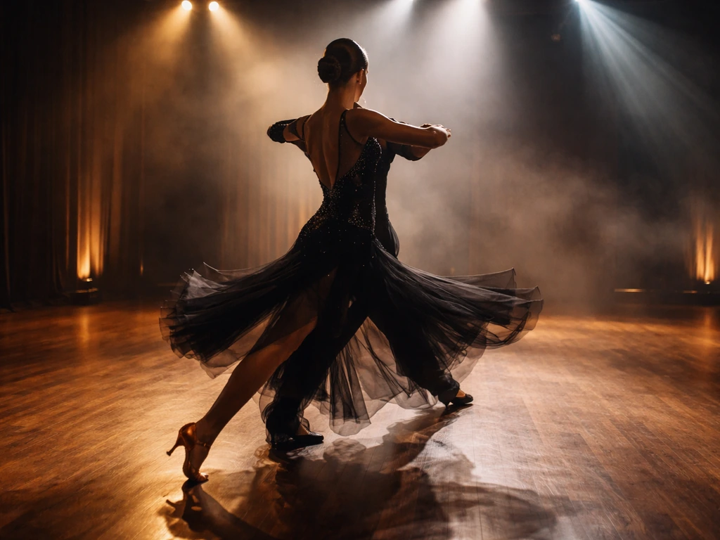 Dancing with the Stars-style rehearsal moment with a dancer under bright stage lights and flowing motion