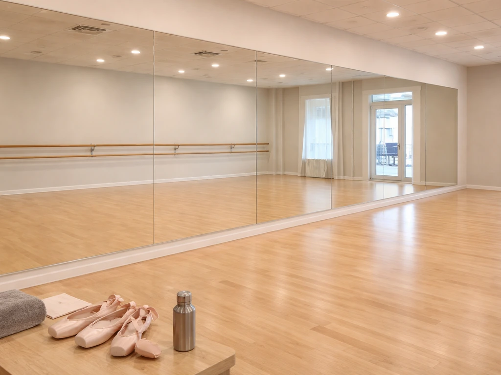 Dance studio interior with mirrors and barre, bright natural light, showing a competitive studio setting.