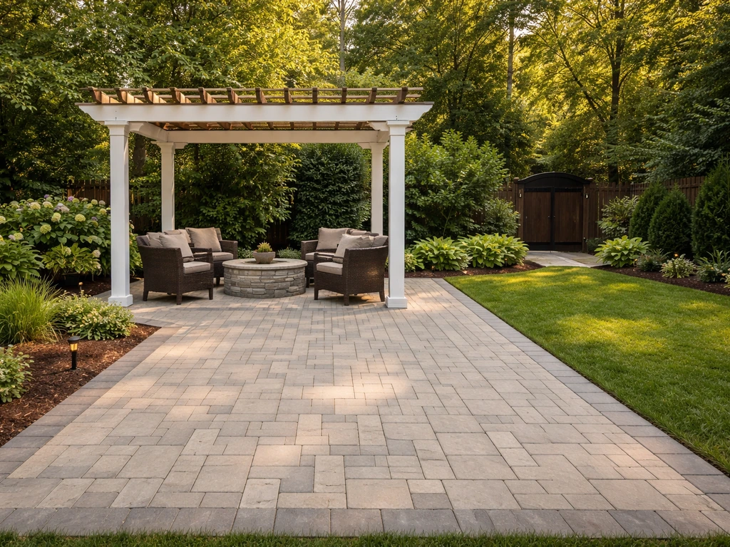 Clean paver patio with a pergola and neat landscaping, suggesting a Raleigh patio contractor’s quality work.