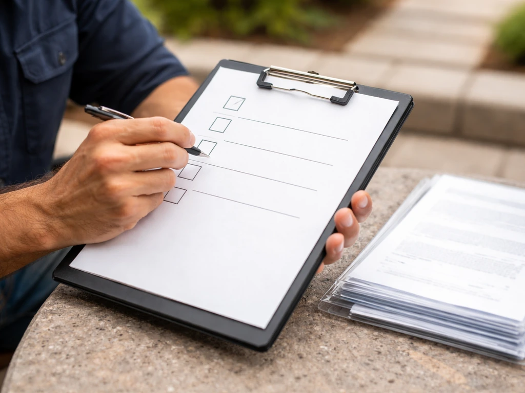 Close-up of hands reviewing contractor documents on a clipboard outdoors near a patio paver edge