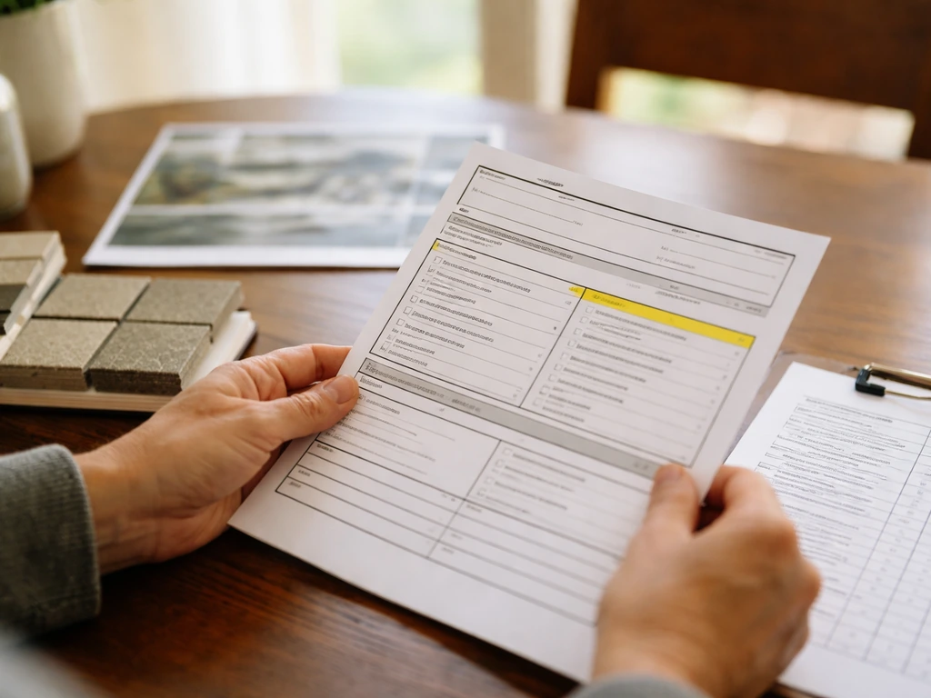 Anonymous hands reviewing a patio quote form with highlighter marks and scope sections on a table.