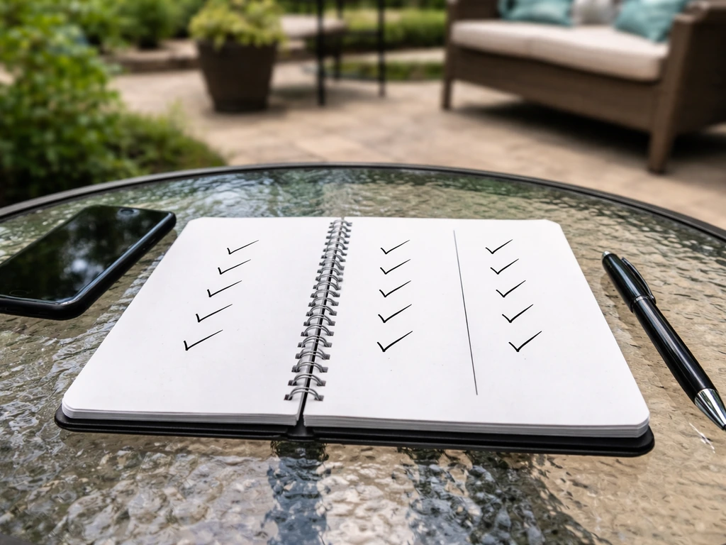 Outdoor patio table with notebook and pen showing checkmarks for contractor comparisons.