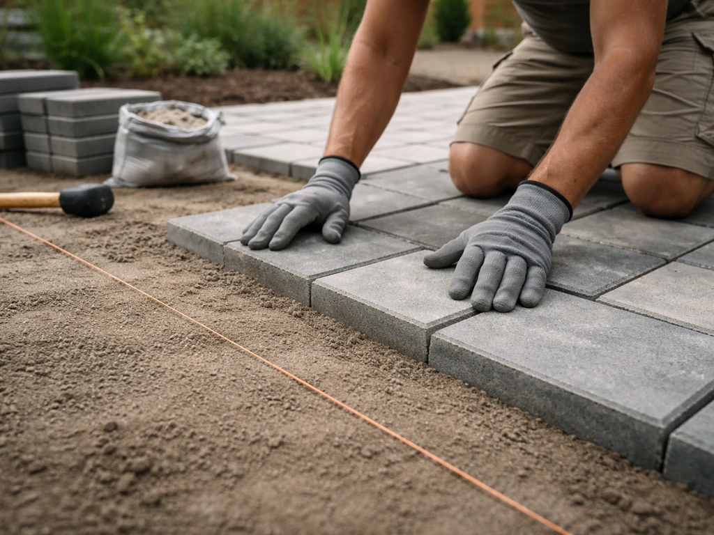 Builder’s hands checking newly laid patio pavers beside leveling base materials at a fresh patio site.