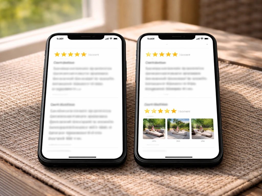 Collage of two phone-style review screenshots with star ratings and blurred patio photo thumbnails.