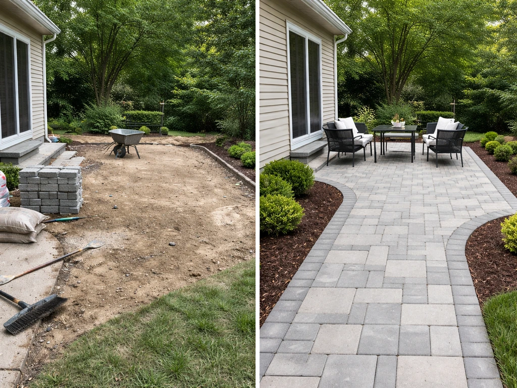 Split before-and-after patio photos showing a completed outdoor space with fresh landscaping and clean finish