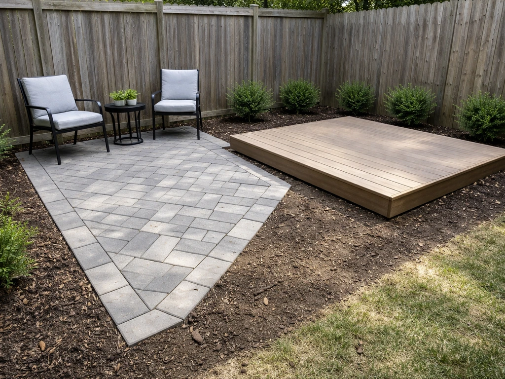 Small backyard shows two different patio footprint layouts side by side with paver and raised platform sections.