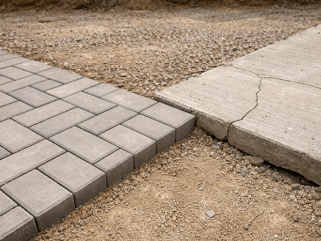 Side-by-side view of stable interlocking pavers versus cracked, settled poured concrete slab.