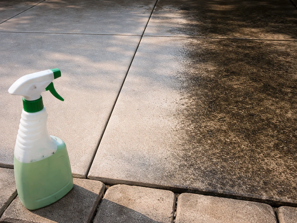 Freshly cleaned concrete patio with reduced grime/mold beside a darker stained section and a patio cleaner spray bottle.