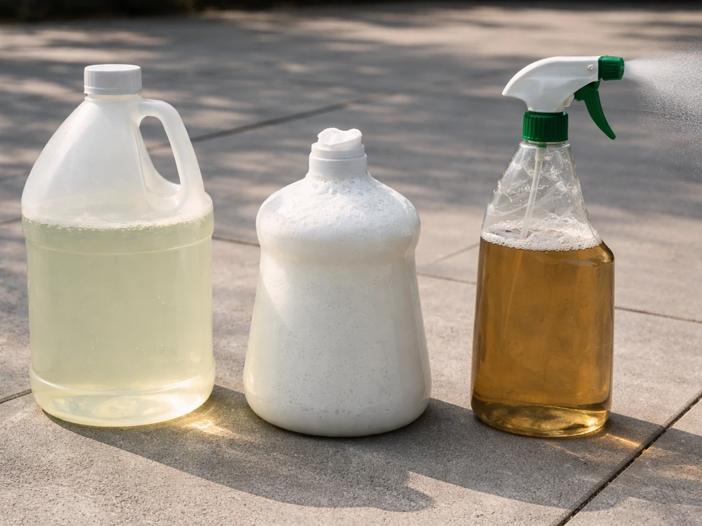 Three patio cleaner containers side by side with different liquid types and color tones on a simple outdoor surface.