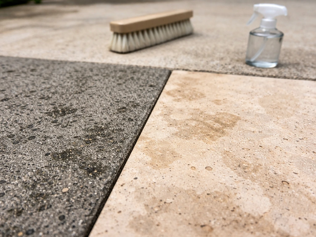 Close-up patio concrete and travertine samples showing algae spots and tannin/grease stains.
